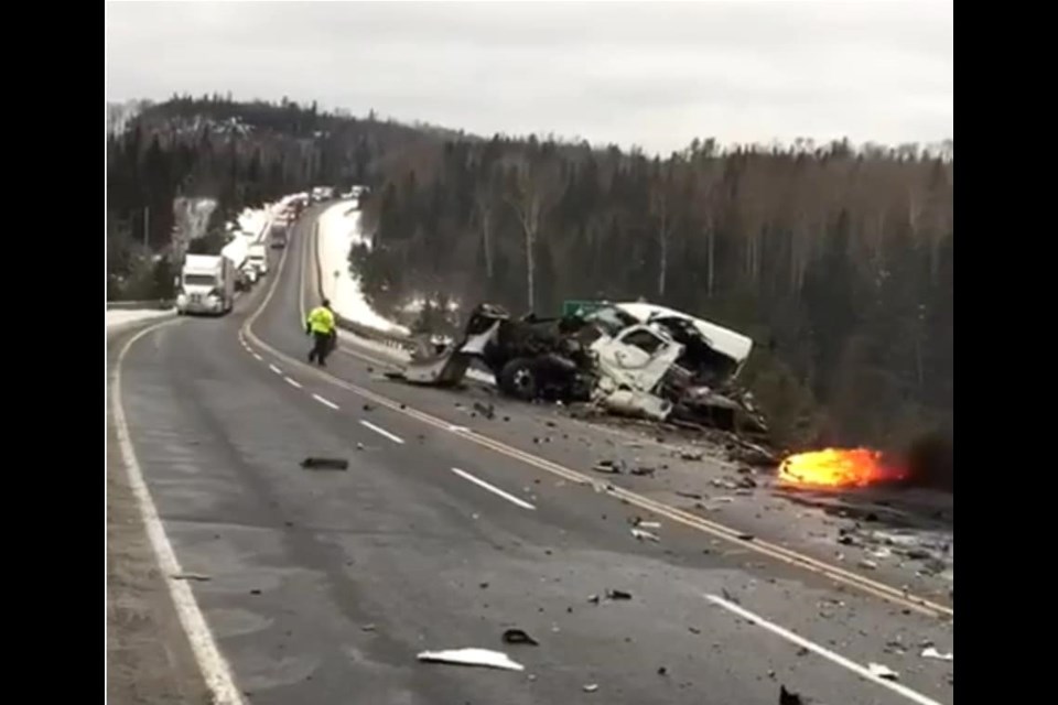 A collision south of Beardmore closed Highway 11 for hours Sunday. (Skilled Truckers Canada)