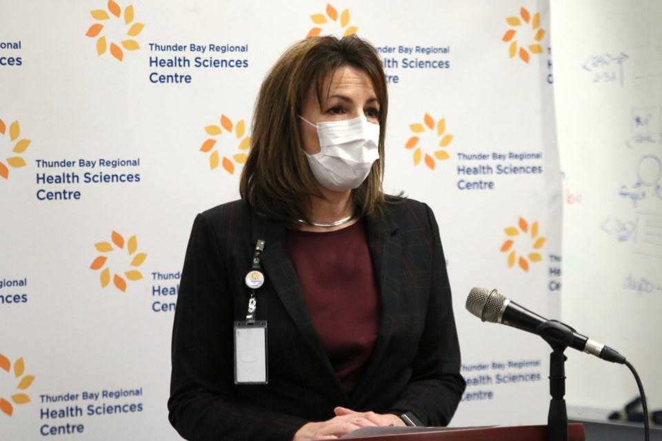 Thunder Bay Regional Health Sciences Centre president Rhonda Crocker Ellacott at a 2020 press conference. (File photo)