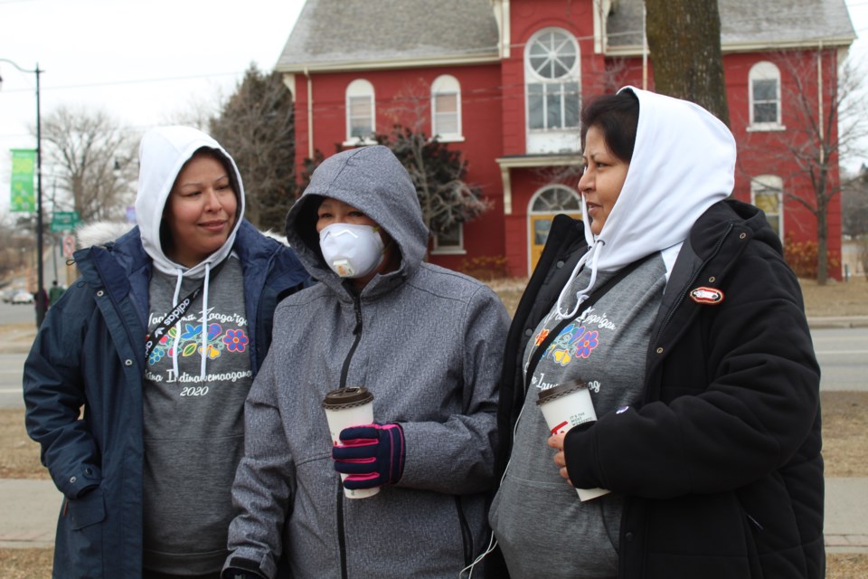 The sisters of Barbara Kentner at a Dec. 13, 2020 rally organized by the local group, Not One More Death, in Thunder Bay. (Left to right: Connie, Cheryl, and Melissa Kentner)