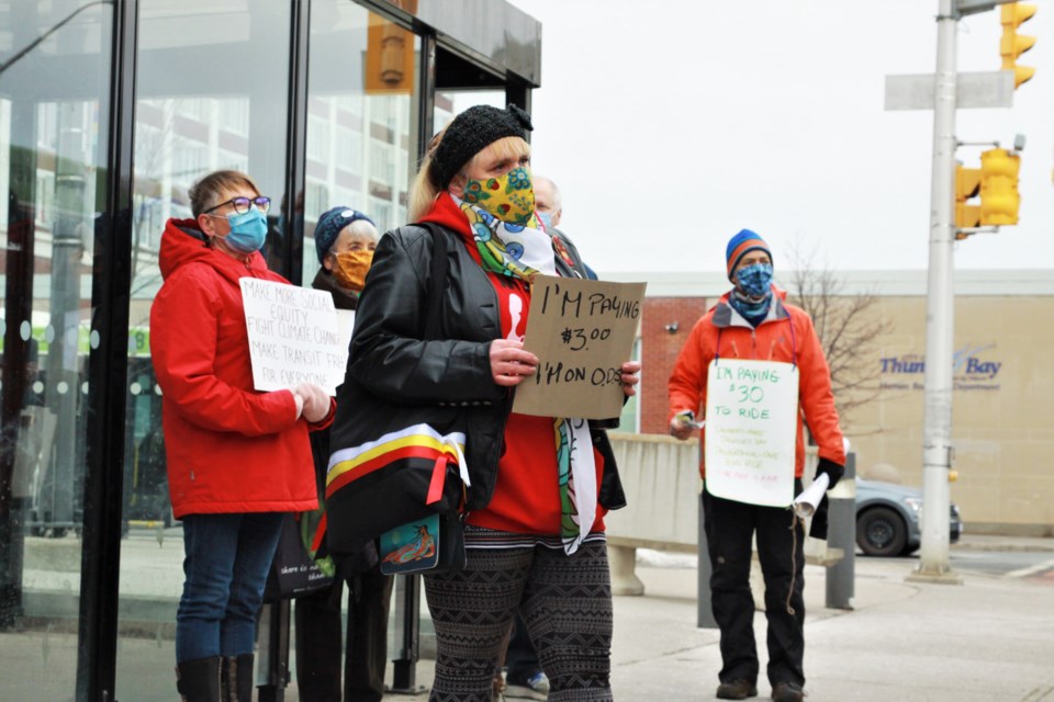 Tracey MacKinnon participates in Poverty Free Thunder Bay's "proportional fare bus ride" Friday. (Photos by Ian Kaufman, tbnewswatch.com)