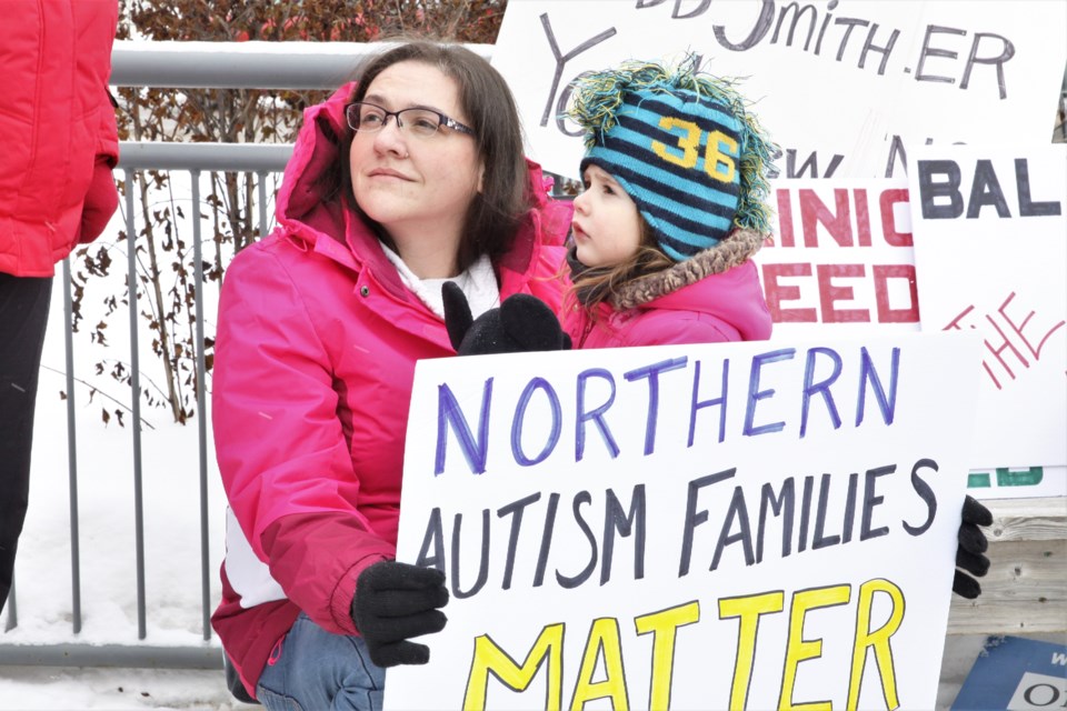 Krystale Payge and her daughter Slater attended the rally at Thunder Bay city hall Tuesday. (Photos by Ian Kaufman, tbnewswatch.com)