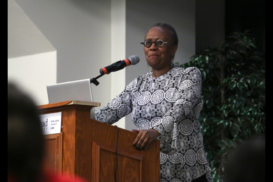 University of Ottawa law professor Joanne St. Lewis speaks at the black history symposium held at Lakehead's law school Wednesday evening. (Photos by Ian Kaufman, tbnewswatch.com)