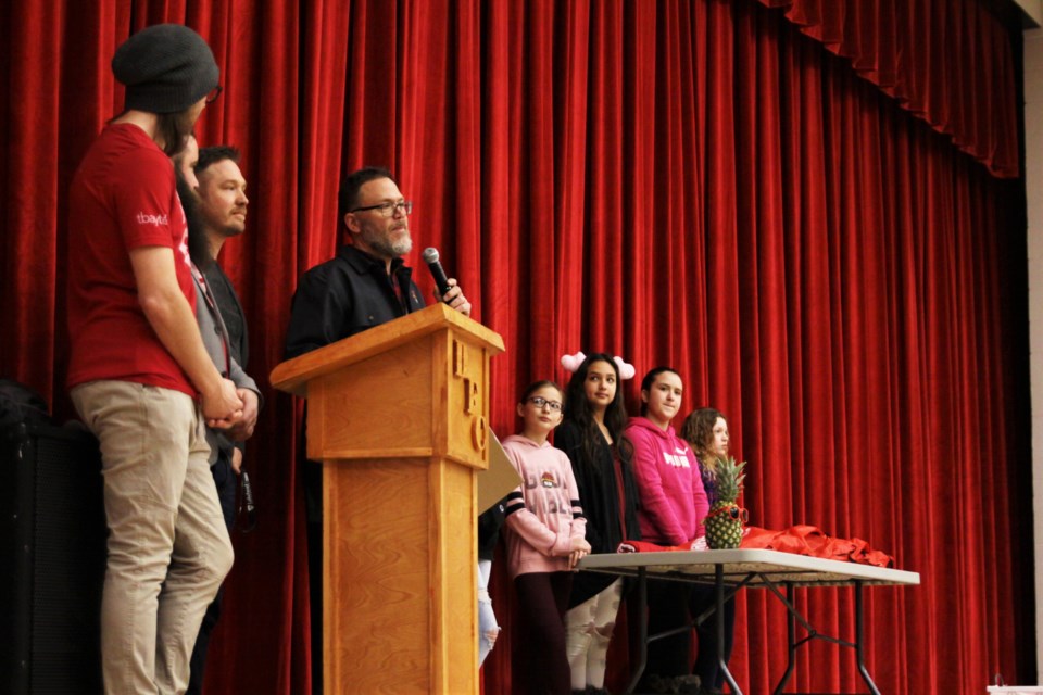 Westmount principal Eric Fredrickson speaks at Friday's assembly.