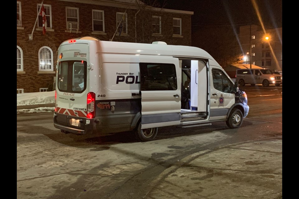 Thunder Bay Police's forensic unit was on scene late on Friday, Feb. 21 outside city hall, investigating what they describe as a serious assault. (Leith Dunick, tbhewswtch.com)