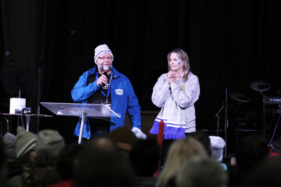 Grace Place pastor Gary Macsemchuk addresses hundreds of Coldest Night of the Year participants before the charity walk. (Photos by Ian Kaufman, tbnewswatch.com)
