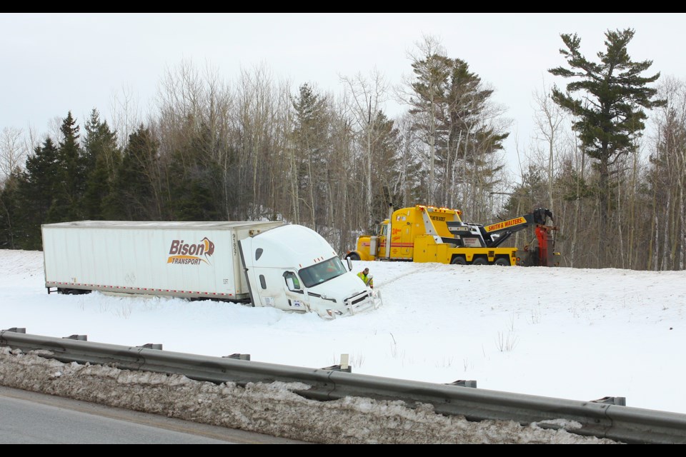 A truck has gone off Highway 11/17 just east of Thunder Bay. Few details about the accident are known at this time. (Photos by Ian Kaufman, tbnewswatch.com)