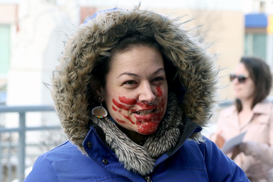 Protestors marched in front of Thunder Bay city hall on Wednesday, Feb. 26, 2020 in support of Wet'suwet'en hereditary chiefs. (Leith Dunick, tbnewswatch.com)