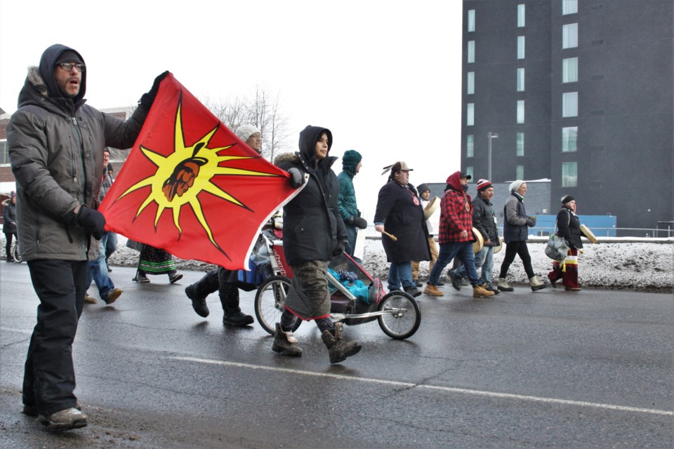 Marchers shut down large portions of the north core downtown Tuesday evening in solidarity with Wet'suwet'en hereditary chiefs. (Photos by Ian Kaufman, tbnewswatch.com)