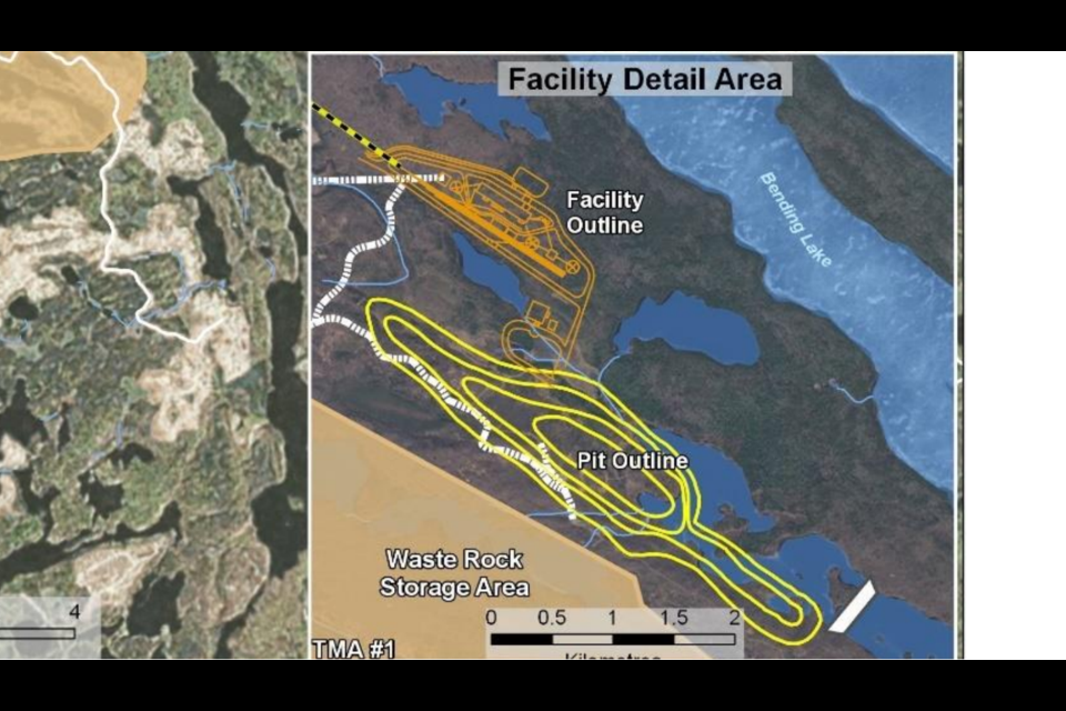 The open pit mine would require draining and damming a portion of Bending Lake. (Ambershaw Metallics image)