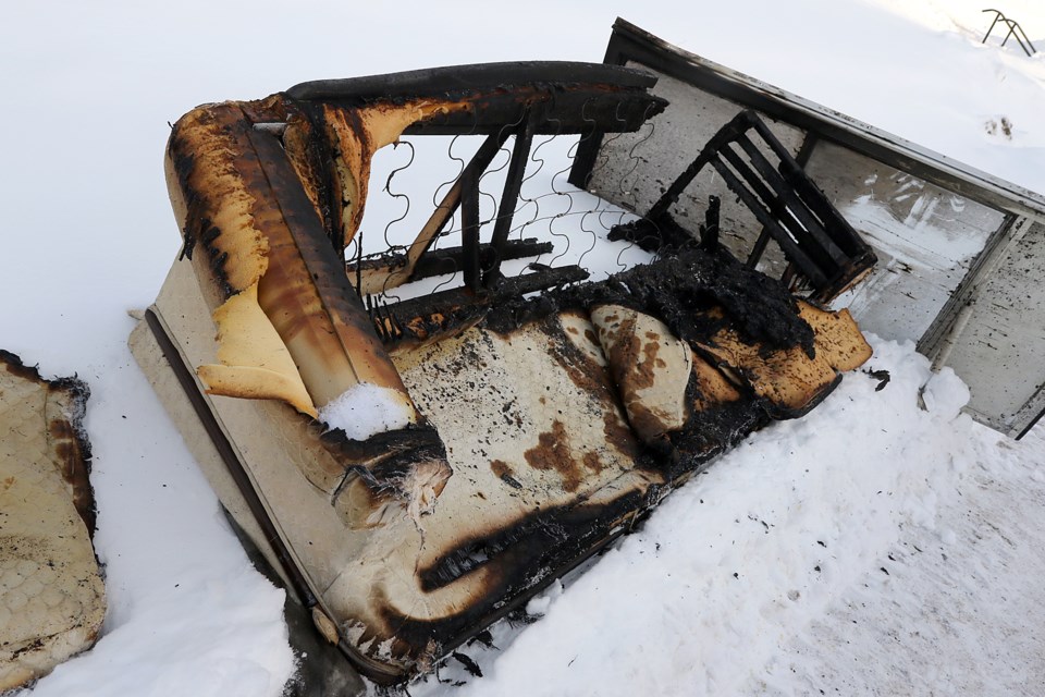 A couch was burned in a fire at a Bertrand Court apartment in the early hours of Tuesday, Jan. 21, 2020. (Leith Dunick, tbnewswatch.com)