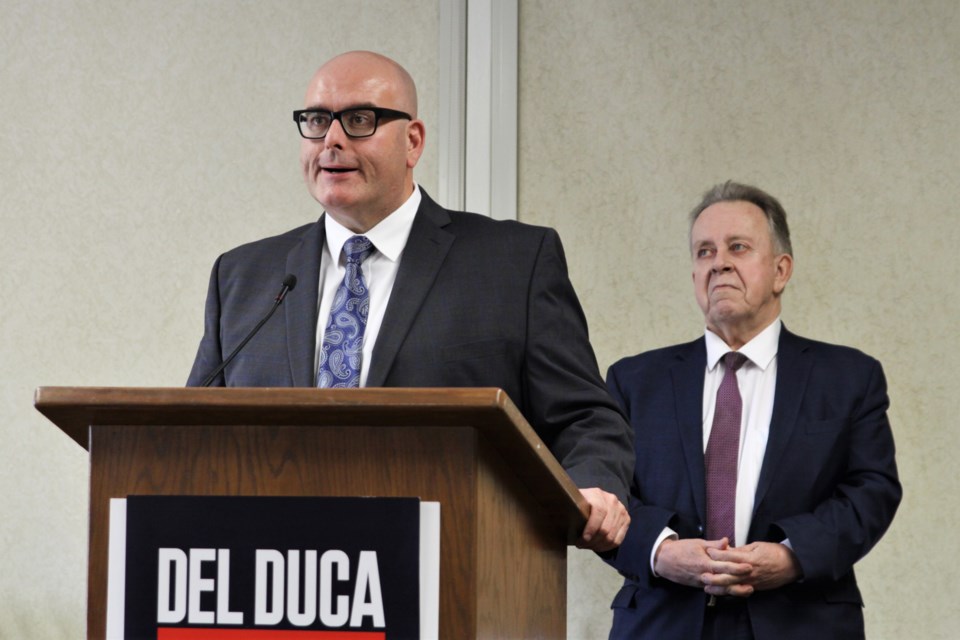 MPP Michael Gravelle, right, endorsed Ontario Liberal leadership candidate Steven Del Duca today. (Ian Kaufman, Tbnewswatch)