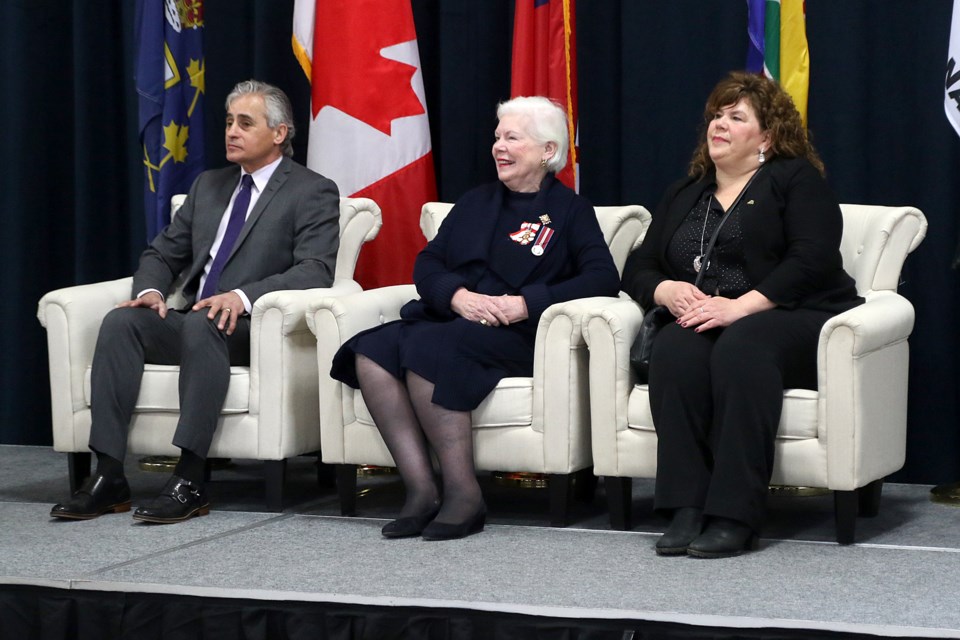 Thunder Bay Mayor Bill Mauro (from left), Lieut.-Gov. Elizabeth Dowdeswell and Fort William First Nation Coun. Michelle Solomon take the stage on Wednesday, Jan. 1, 2019 at the O'Kelly VC Armoury to celebrate Thunder Bay's 50th anniversary. (Leith Dunick, tbnewswatch.com)