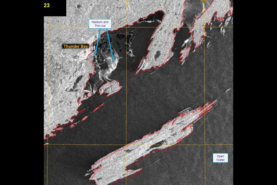 This satellite image captured on Tuesday, Jan. 10  shows where thin ice has formed in the Thunder Bay area (Environment Canada/Montreal Ice Centre-Great Lakes)