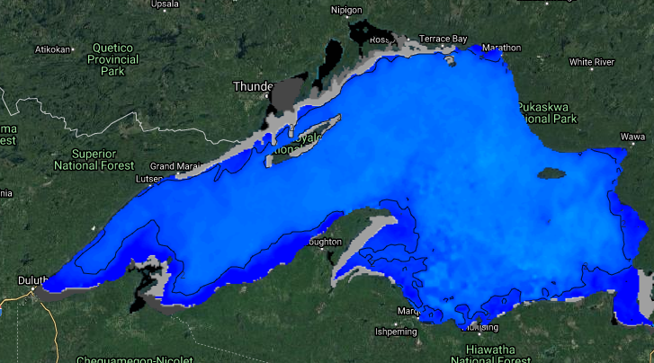 The light and dark grey-coloured areas show where ice formed on Lake Superior by Jan. 21, 2020 (Google Maps/NOAA/G.Lakes Env. Research Lab)