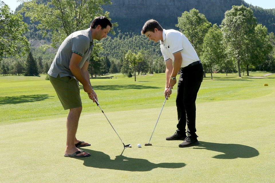 Carter Hutton (left) and Evan DeGrazia plan to face off for real at Fort William Country Club on Thursday, Aug. 6, 2020 in a revamped version of the annual Hometown Hereos golf tournament in support of the George Jeffrey Children's Foundation. (Leith Dunick, tbnewswatch.com)