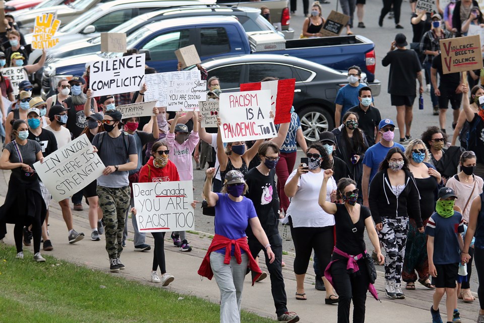 Thousands of people joined the Black Lives Matter Rally in support of George Floyd on Friday, June 5, 2020 at Thunder Bay's Waverly Park. (Leith Dunick, tbnewswatch.com)