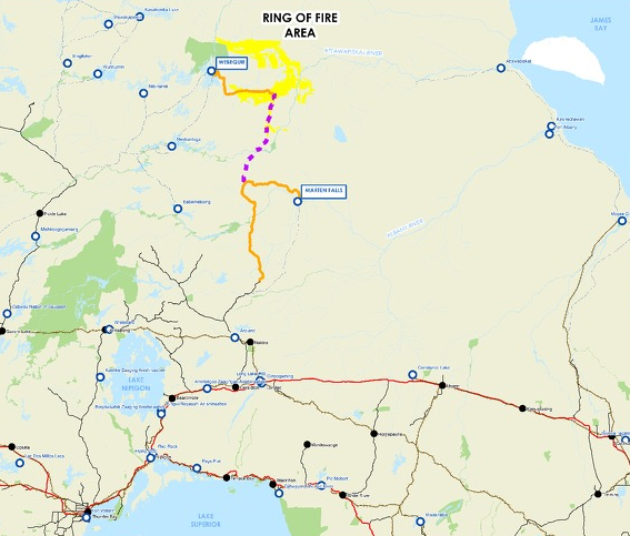  The dotted line on this map shows a proposed link between two future roads to the Ring of Fire, from Webequie to the west and Marten Falls to the south (Gov't of Ontario)