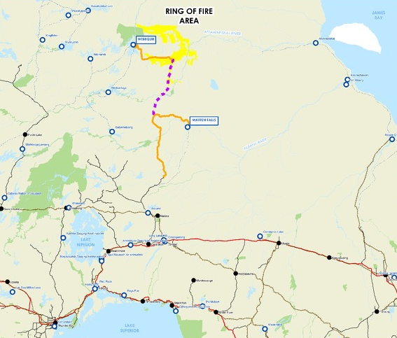 The dotted line on this map shows a proposed link between two future roads, from Webequie in the north and Marten Falls in the south, to the Ring of Fire (Gov't of Ontario)
