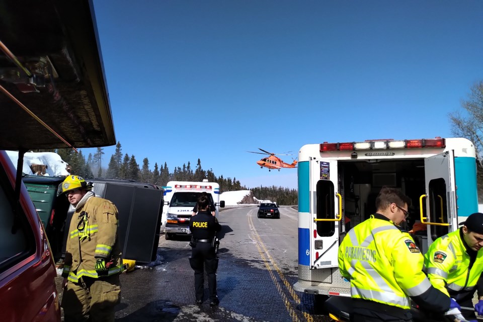 Emergency responders were called to the scene of a single-vehicle collision west of Rossport, Ont. on Wed. Marc. 18, 2020 (Schreiber Fire Dept photo)