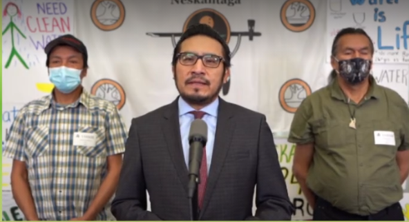 Kiiwetinoong MPP Sol Mamakwa hosted two Neskantaga members for a press conference at Queen's Park Tuesday. (Screen capture)