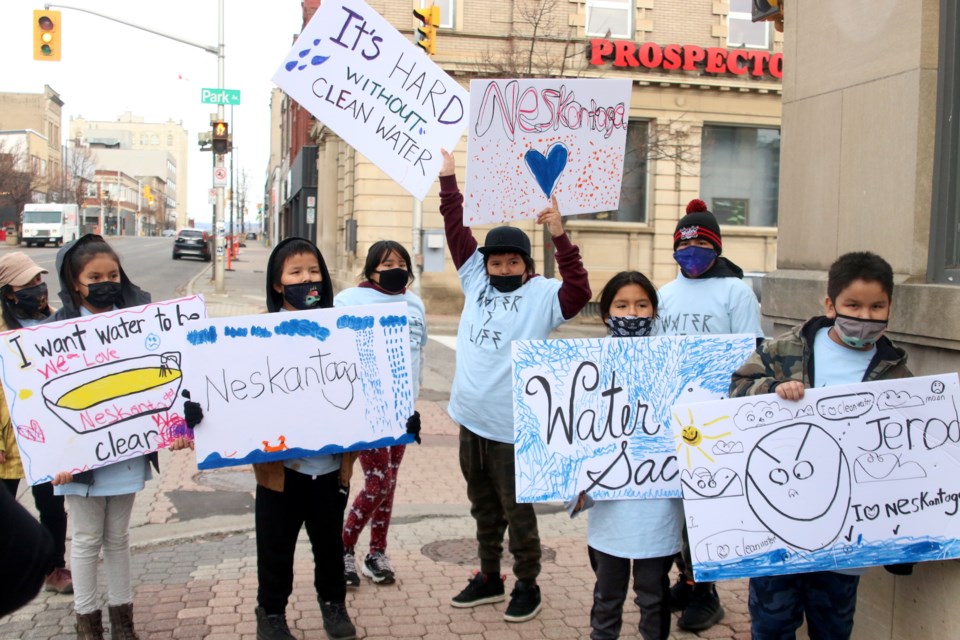 More than 20 youth from Neskantaga First Nation held a demonstration outside the Collier Project Leaders office in Thunder Bay on Tuesday. (Photos by Doug Diaczuk - Tbnewswatch.com). 