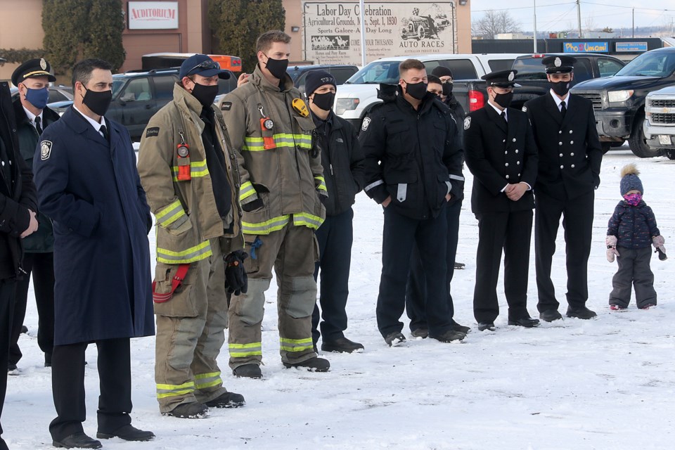 Thunder Bay Fire Rescue firefighters at the Toys for Tots launch on Friday, Nov. 27, 2020. (Leith Dunick, tbnewswatch.com)