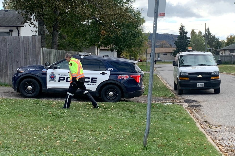 City bylaw enforcement officers and Thunder Bay Police attend a home on Limbrick Street following a drug bust on Thursday, Oct. 1, 2020. (Leith Dunick, tbnewswatch.com)
