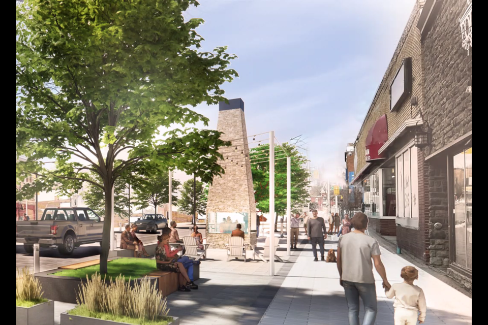 A rendering envisions potential changes to downtown sections of Red River Road, expanding a pedestrian boulevard and trimming the street to two lanes. (Brook McIlroy image)