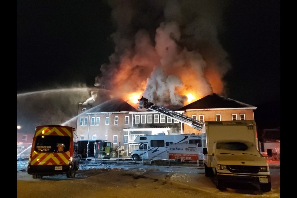 Flames erupted from the roof of the Finnish Labour Temple on Dec. 22, 2021 (Gary Rinne/TBNewswatch)