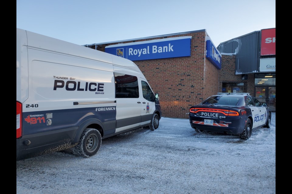 The Thunder Bay Police forensics unit was on the scene after a forced entry to the RBC branch at Grandview Mall on Dec. 6, 2021 