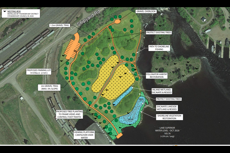 This sketch shows plans for the west side of Fisherman's Park including new vegetation, walking trails and a viewing platform (City of Thunder Bay)