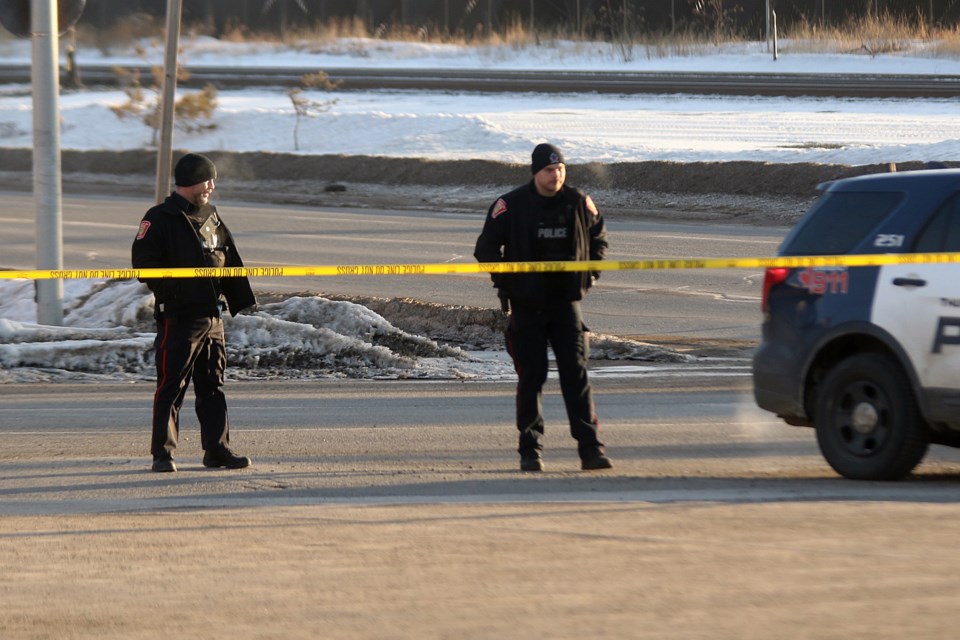 Thunder Bay Police set up a permieter at the Waterfront Bus Terminal on Thursday, Feb. 25, 2021. (Leith Dunick, tbnewswatch.com)