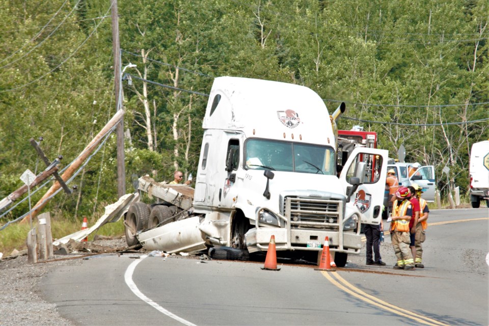 There were not believed to be any serious injuries after a transport truck crashed on Highway 102 near Denbury Road. (Ian Kaufman, TBNewswatch)