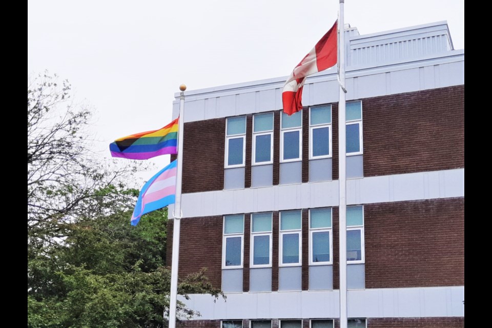 The pride and transgender flags were raised at the Lakehead District School Board office on Friday. (Submitted photo)