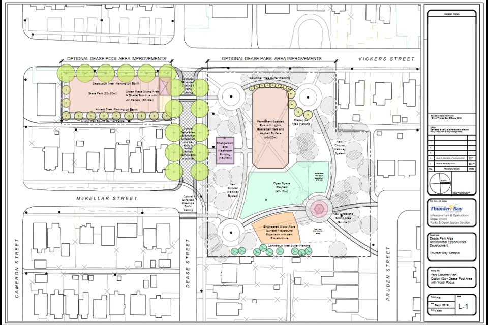 A design shows potential redevelopment options for Dease Park, and the adjacent former Dease Pool site. (City of Thunder Bay)