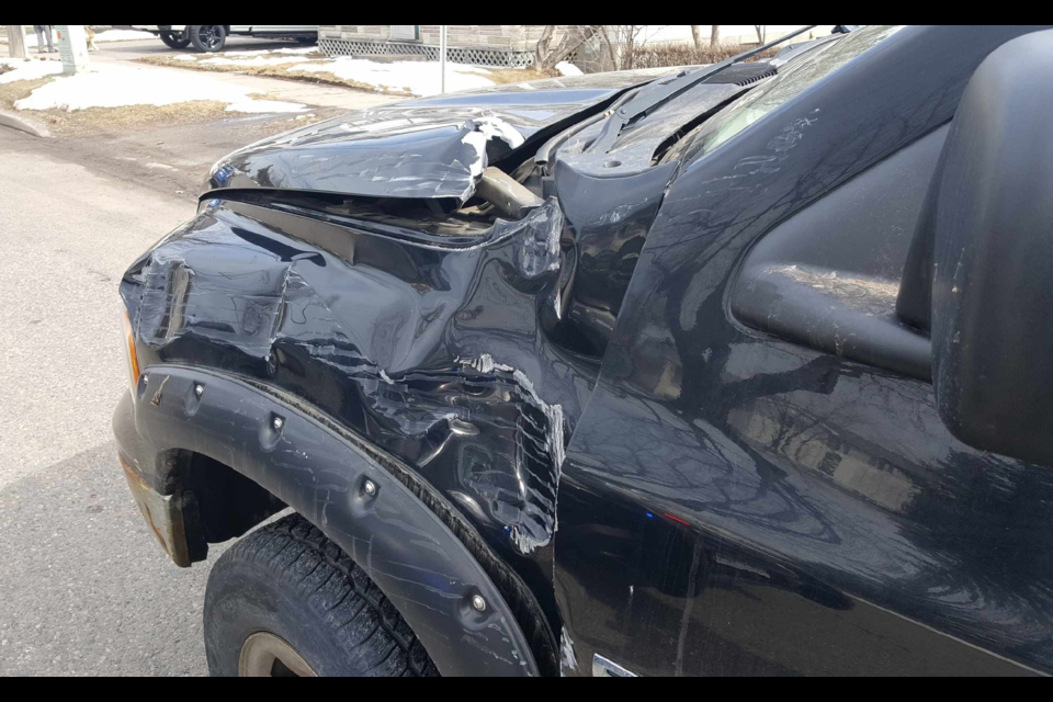 Thunder Bay police conduct a traffic stop on Monday afternoon after reports of a single-vehicle collision at Carrick Park. (Photo submitted by Thunder Bay Police Service)