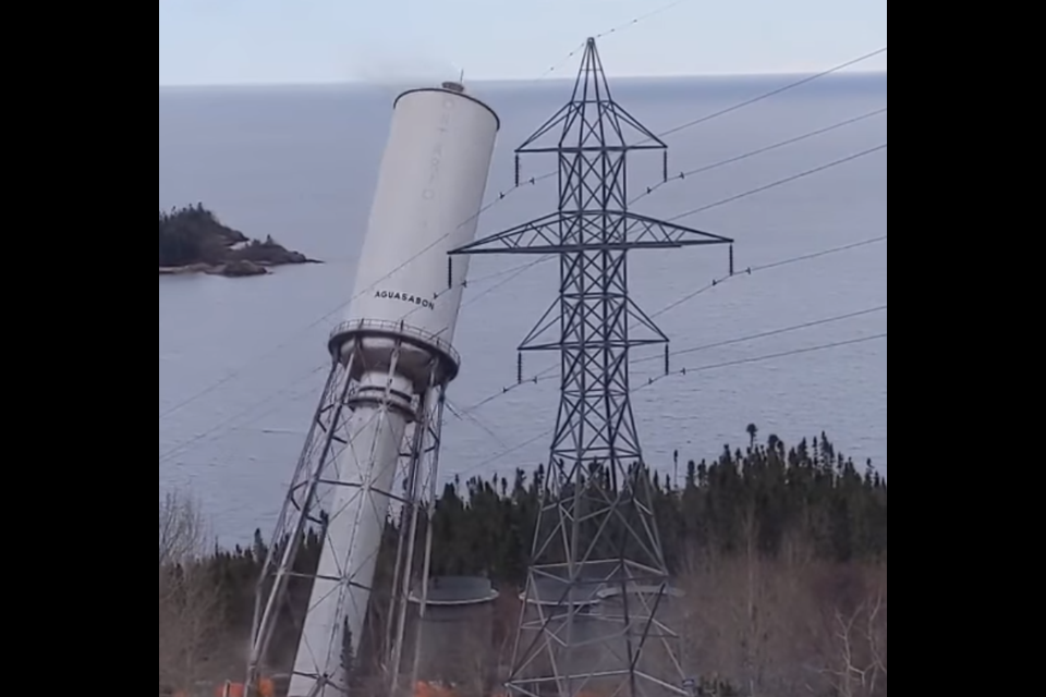 An Ont. Power Generation water storage tank near Terrace Bay was demolished on May 8, 2021 (Facebook/Superior Pics of the Lake Superior Region)