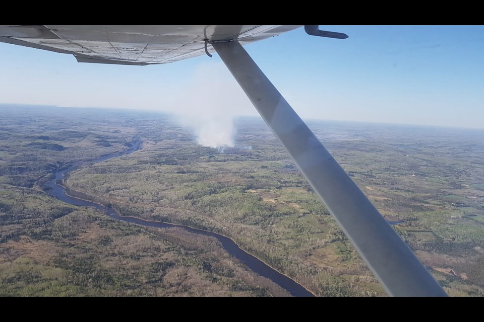 This aerial photo posted on Facebook shows smoke from a fire in the northern portion of Oliver Paipoonge on May 18, 2021 (Facebook/Brent Berube)