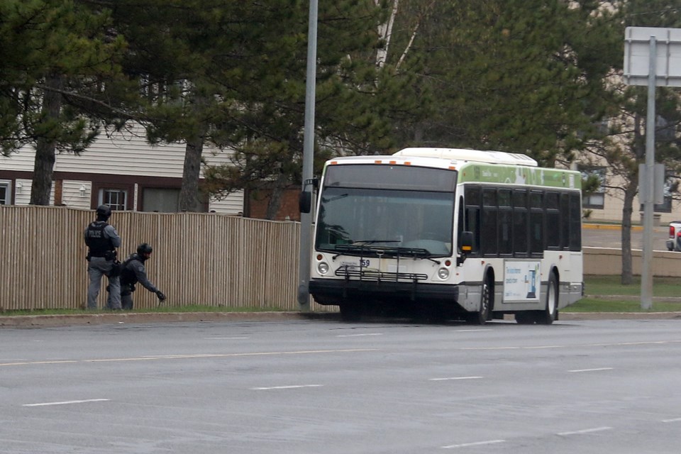 Thunder Bay Police on Wednesday, May 19, 2021 investigate a threat against Thunder Bay Transiit on Balmoral Street. (Leith Dunick, tbnewswatch.com)
