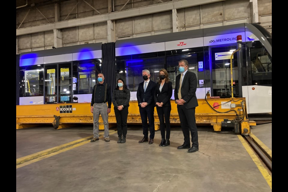 Minister of Transportation Caroline Mulroney was joined by Alstom Americas president Michael Keroullé (centre), Metrolinx CEO Phil Versder (right), and Unifor Local 1075 president Dominic Pasqualino (left) at Tuesday's announcement.