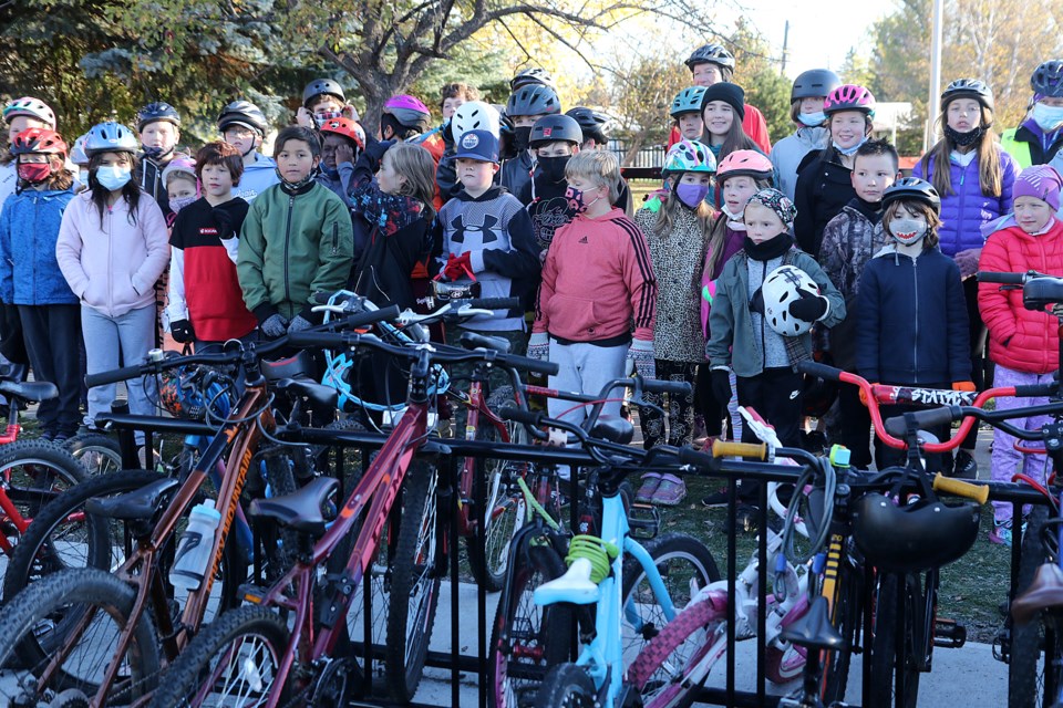 Dozens of students  at C.D. Howe Public School took part in Fill-A-Bike-Rack-Day on Thursday, Oct. 21, 2021. (Leith Dunick, tbnewswatch.com)