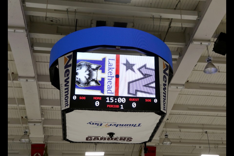 Fort William Gardens' new scoreboard is up and running and ready for the Lakehead Thunderwolves and Thunder Bay North Stars season-openers. The Stars open on Friday, Oct. 8, 2021 against the Wisconsin Lumberjacks. (Leith Dunick, tbnewswatch.com)