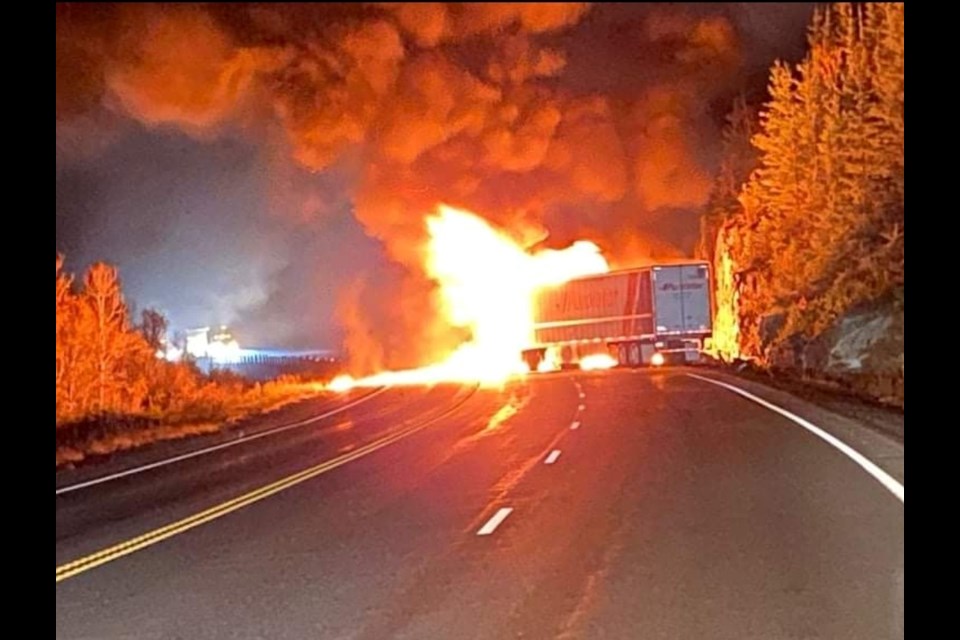 Two occupants of a tractor trailer escaped safely after an early morning single-vehicle collision, OPP say. (Photo via Skilled Truckers Canada/Facebook)