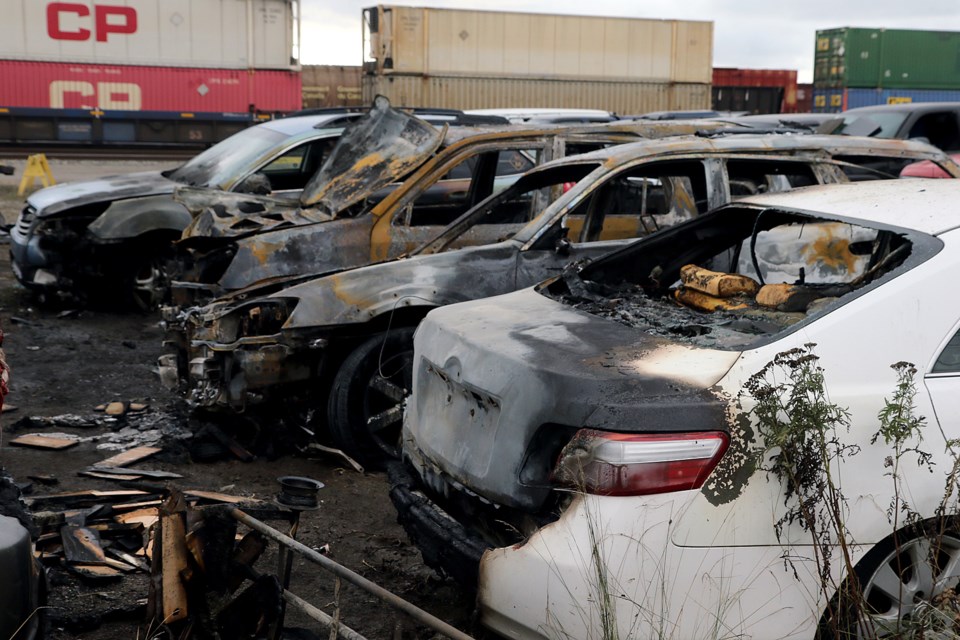 Thunder Bay Police are investigating on Thursday, Oct. 28, 2021 after nine vehicles were burned at a lot off of Simpson Street. (Leith Dunick, tbnewswatch.com)