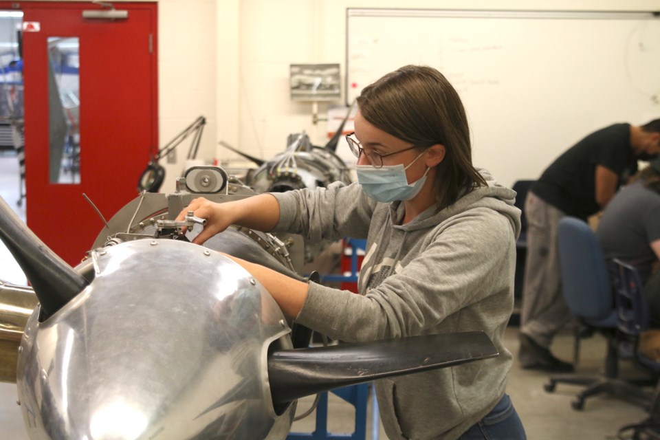 Jyrah Silen, a second-year aviation maintenance student was happy to be back in the classroom for hands-on learning this academic year. (Photos by Doug Diaczuk - Tbnewswatch.com). 