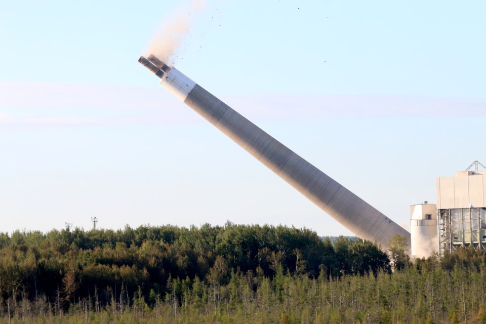 The 200-metre stack at the former Ontario Power Generation's Thunder Bay Generating Station came down early Thursday morning. (Photos by Doug Diaczuk - Tbnewswatch.com). 