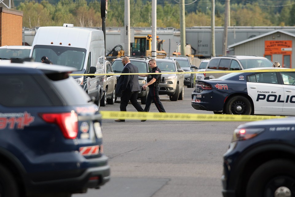 Thunder Bay Police investigate a possible shooting near the intersection of Edward and Amelia streets on Monday, Sept. 13, 2021. (Leith Dunick, tbnewswatch.com)