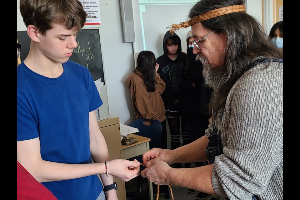Algonquin Avenue Public School students learn cedar wood carving from an expert artist George Price on Thursday, April 28, 2022.