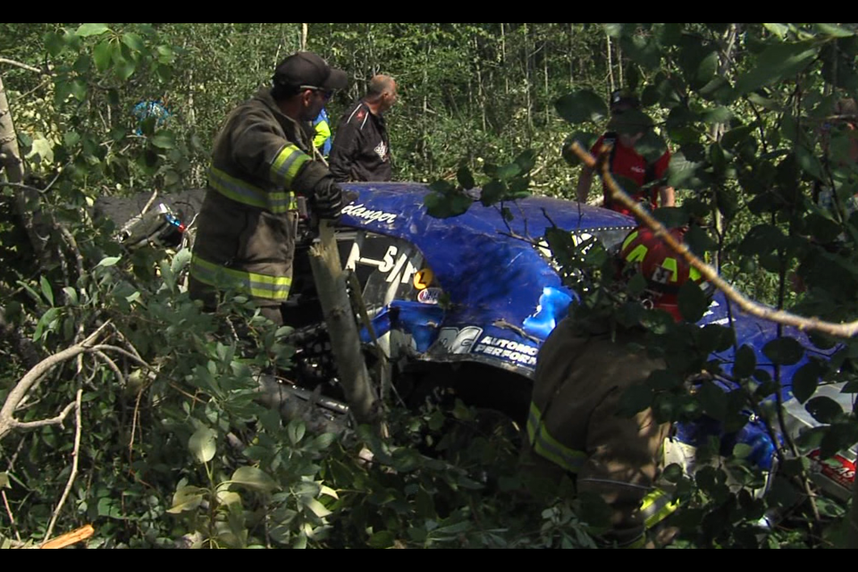 First responders acted quickly after a car crashed at the Dragfest in Terrace Bay, ON on July 30, 222 (Adam Riley/TBTV photos)