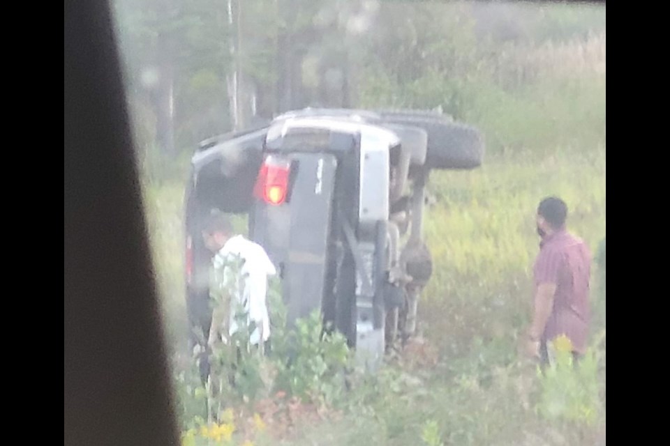 A pickup truck overturned after being struck by another vehicle at Hwy 11/17 and Twin City Crossroad on Aug. 30, 2022 (submitted photo)